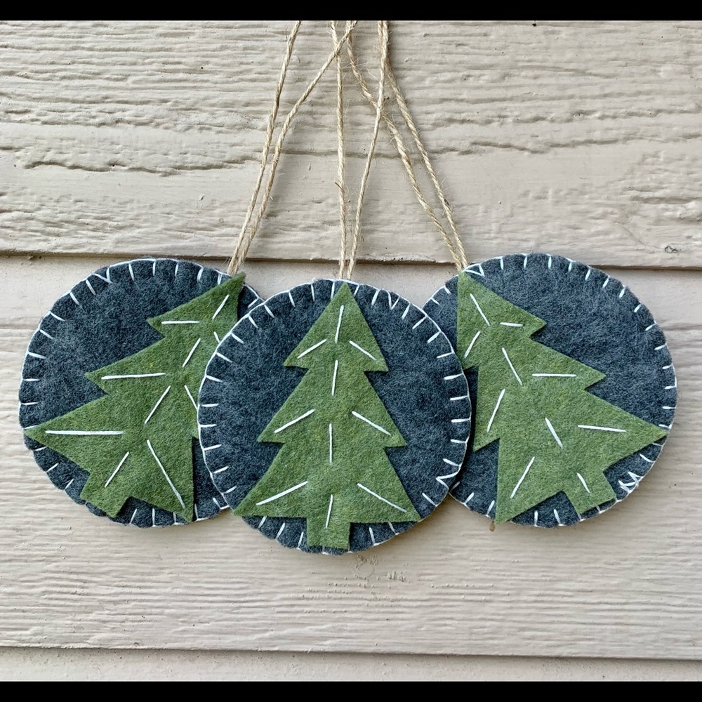 Set of 3 Primitive Christmas Tree Felt Ornaments